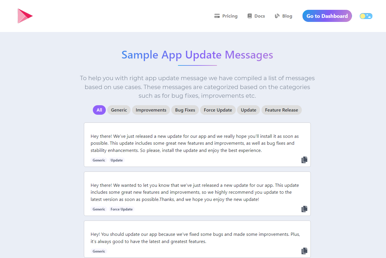Sample App Update Message Screen